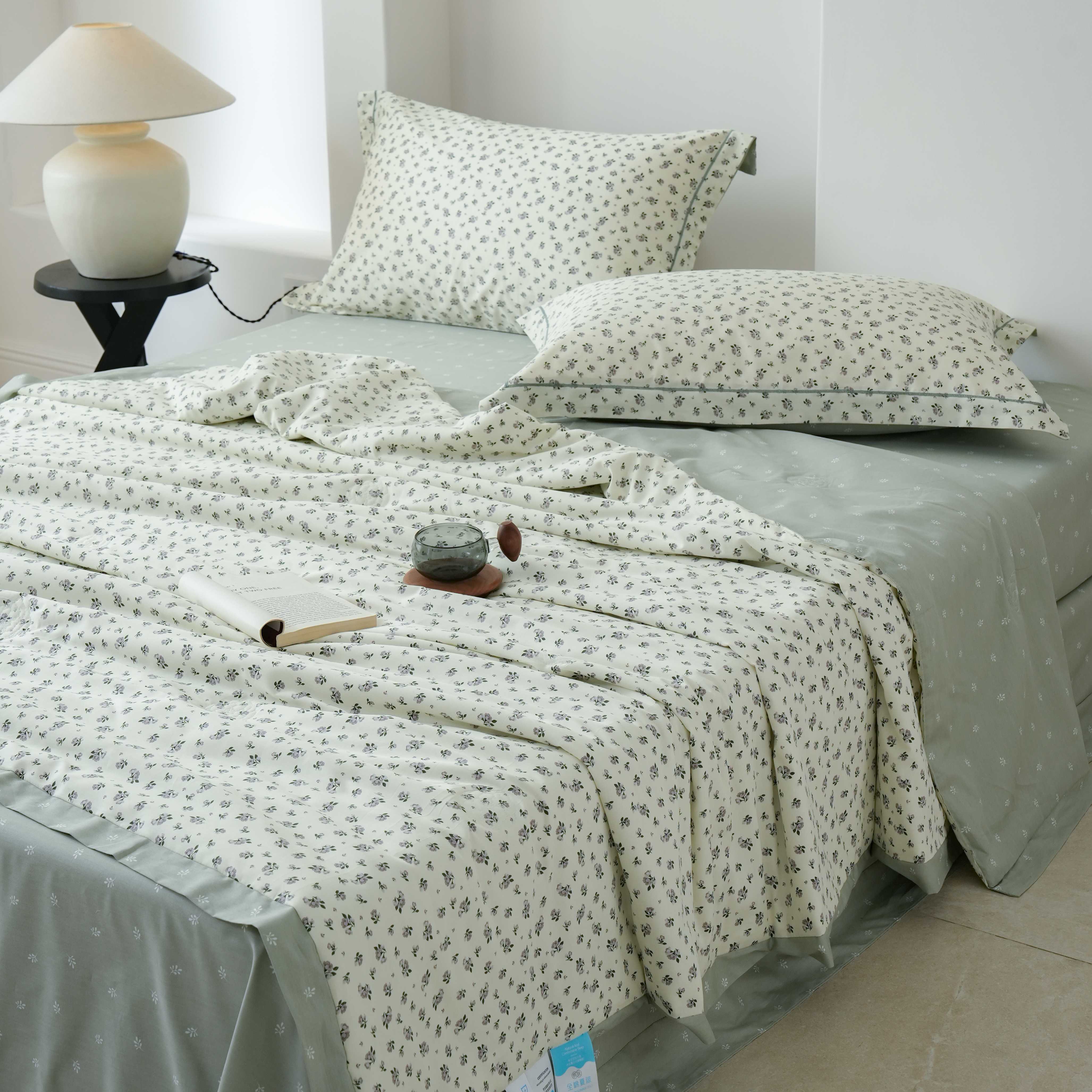 91家纺网 家纺一手货源 找家纺 丽卡家纺 2025新款小清新全棉纯棉夏被夏凉被空调被四件套 月野-灰