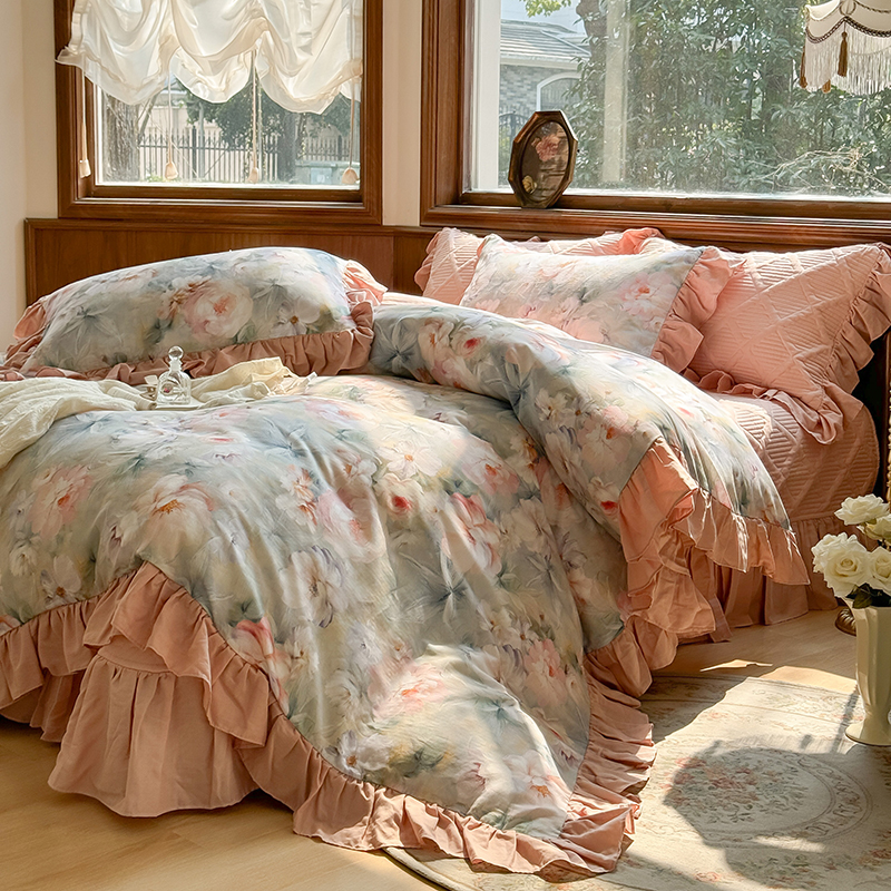 91家纺网 家纺一手货源 找家纺 （总）胜权家纺 2025新款全棉纯棉数码印花双层纱床盖四件套